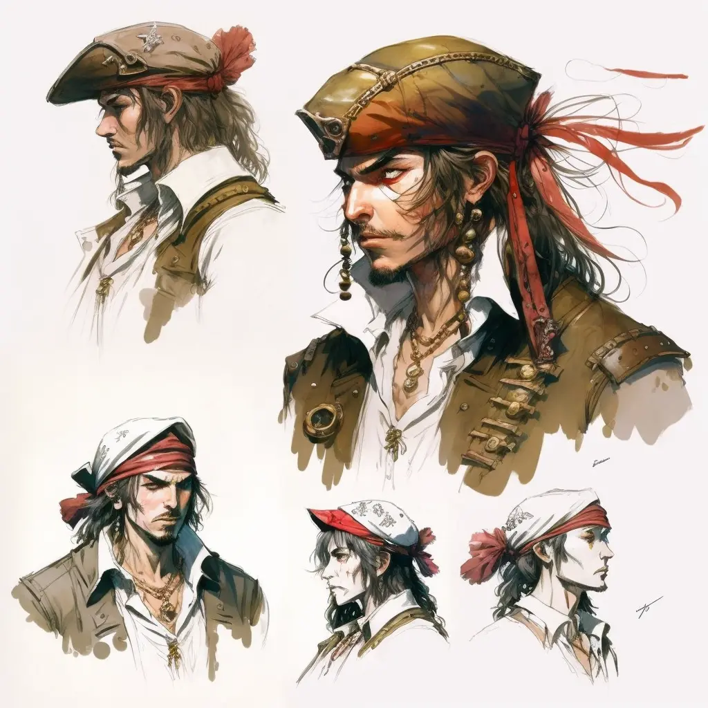 pirate, close up character design, multiple concept designs, concept design sheet, white background, style of Yoshitaka Amano